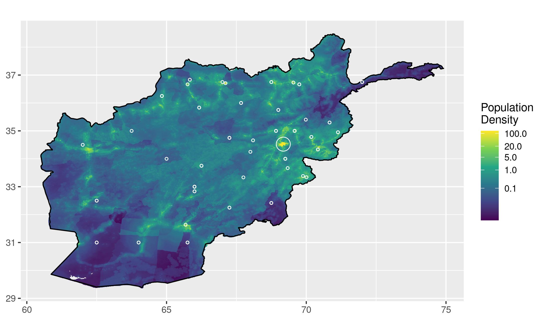 The same population heatmap, with one larger circle around Kabul