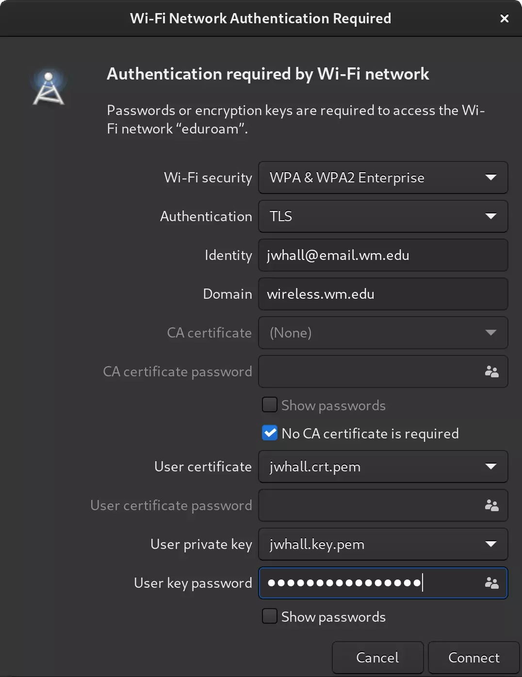 Screenshot of Network Manager settings